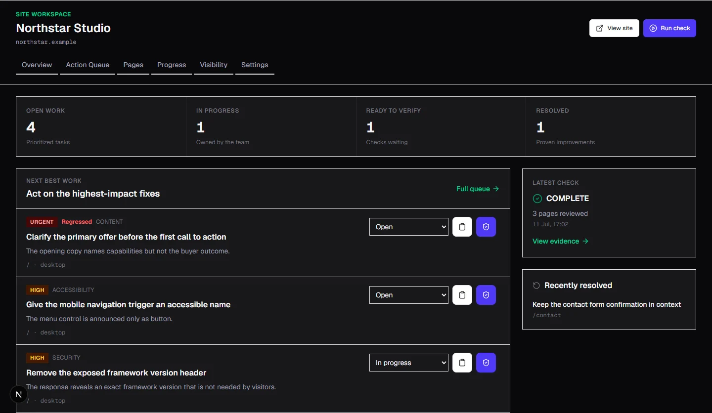 PageLens command center in dark theme showing resolved work and verification evidence