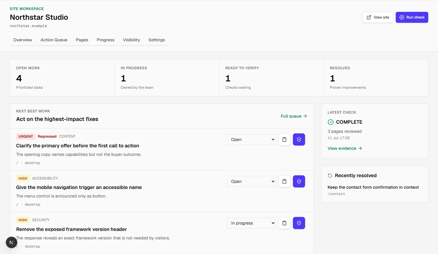 PageLens command center showing resolved work and verification evidence