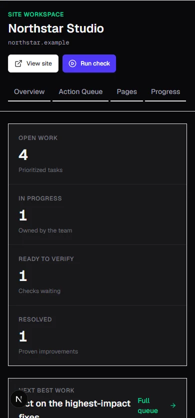 PageLens mobile command center in dark theme showing verified website work