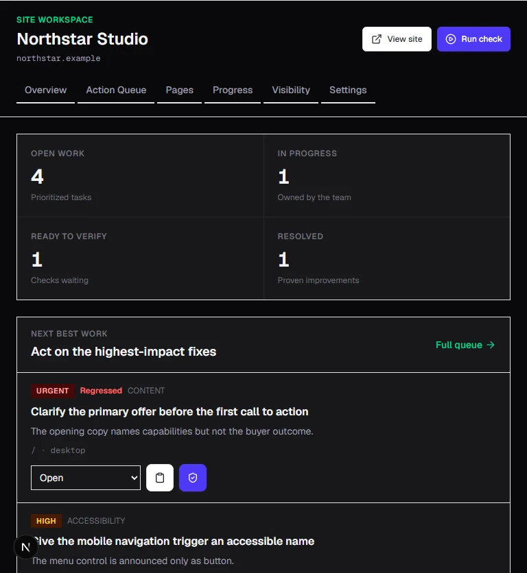 PageLens tablet command center in dark theme showing prioritized website work