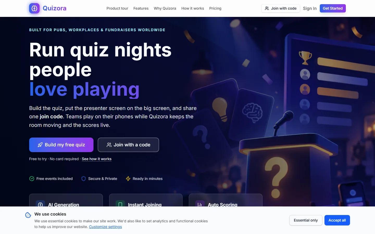 Desktop screenshot from the PageLens QA field test showing Quizora's homepage and first-visit cookie consent banner