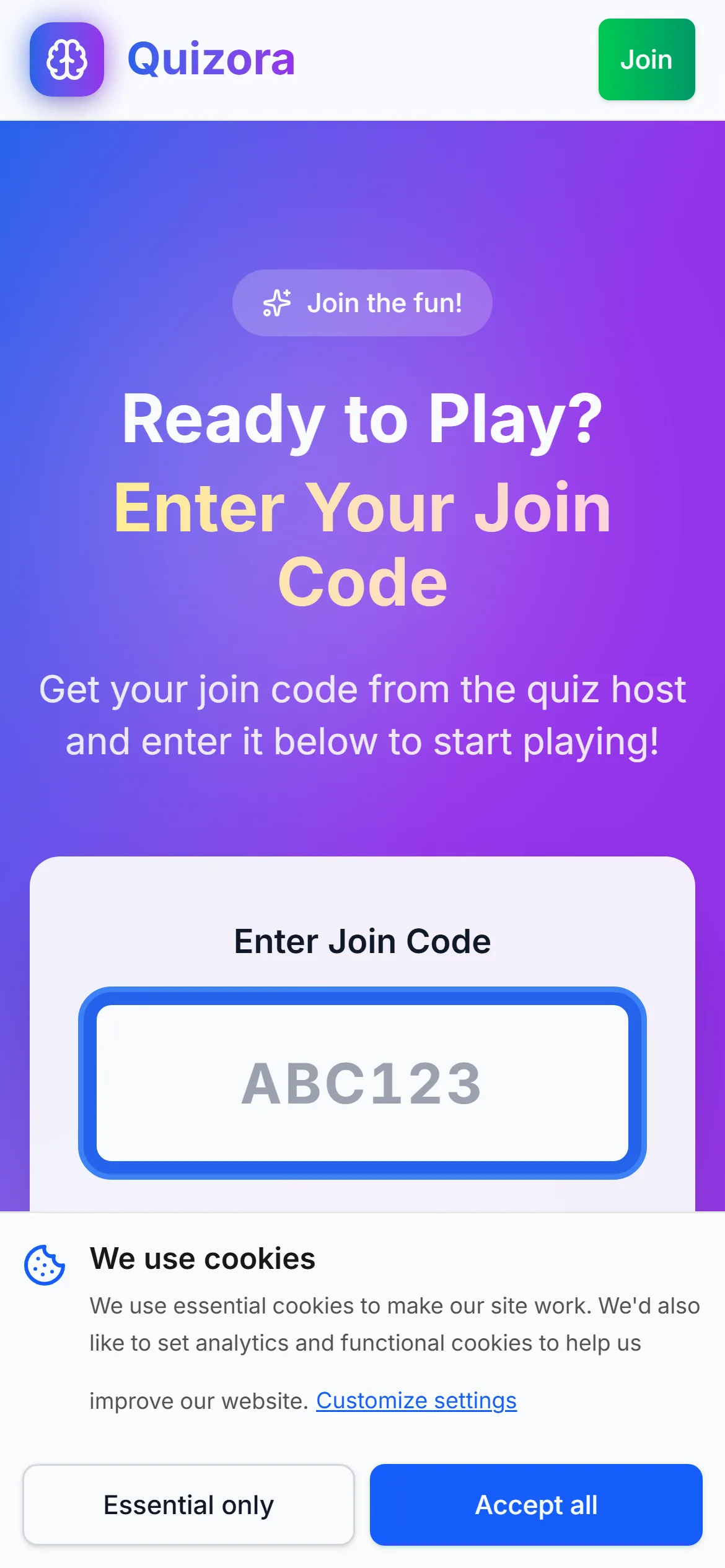 Mobile screenshot from the PageLens QA field test showing Quizora's join-code journey